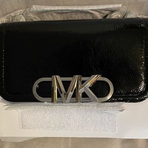 Newly, Michael Kors Black Patent Leather w/ Silver MK On The Front Crossbody Bag
